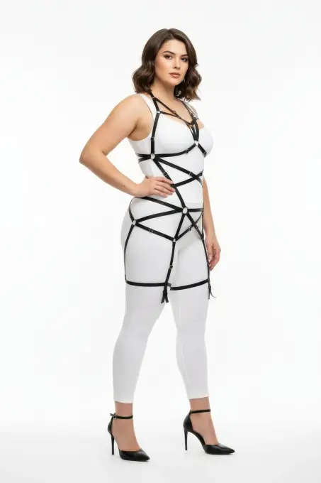 Büyük Beden Siyah Kadın Lastik Harness Takım Halka Detaylı Vücut Aksesuarı - APFT348 - 3