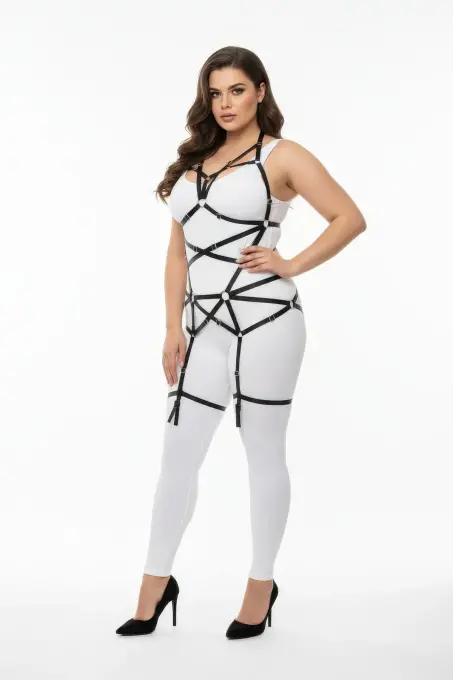 Büyük Beden Siyah Kadın Lastik Harness Takım Halka Detaylı Vücut Aksesuarı - APFT348 - 2