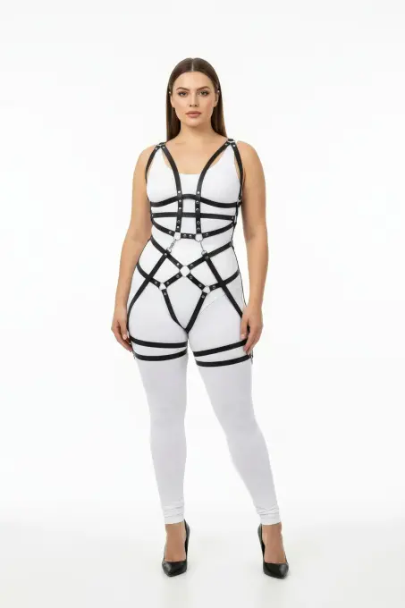 Büyük Beden Siyah Kadın Tüm Vücut Deri Harness Takım Halka Detaylı - APFT502 - 1