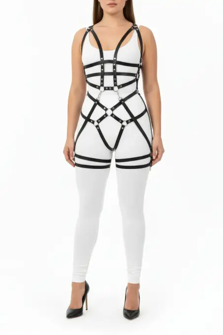 Büyük Beden Siyah Kadın Tüm Vücut Deri Harness Takım Halka Detaylı - APFT502 - Angels Passion (1)