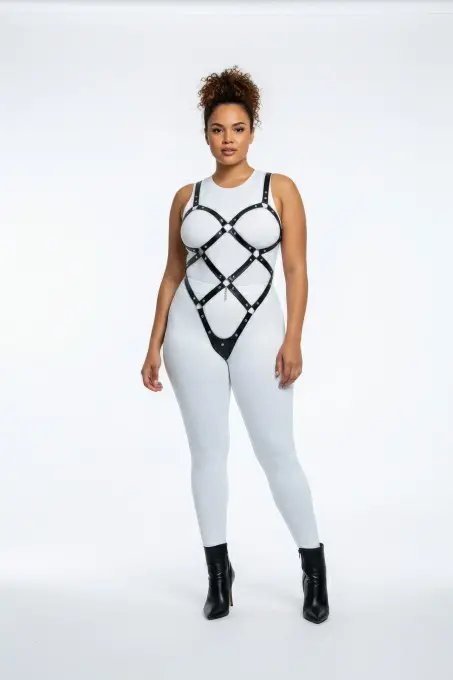 Büyük Beden Siyah Kadın Vücut Harness Takım, Çivi Detaylı Şık Fantazi Aksesuar - APFT542 - 1