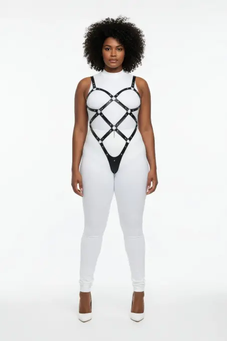 Büyük Beden Siyah Kadın Vücut Harness Takım, Çivi Detaylı Şık Fantazi Aksesuar - APFT542 - 2