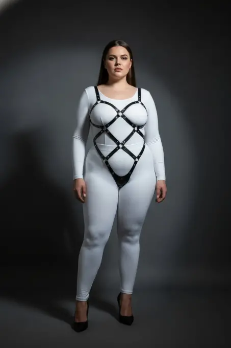 Büyük Beden Siyah Kadın Vücut Harness Takım, Çivi Detaylı Şık Fantazi Aksesuar - APFT542 - 4