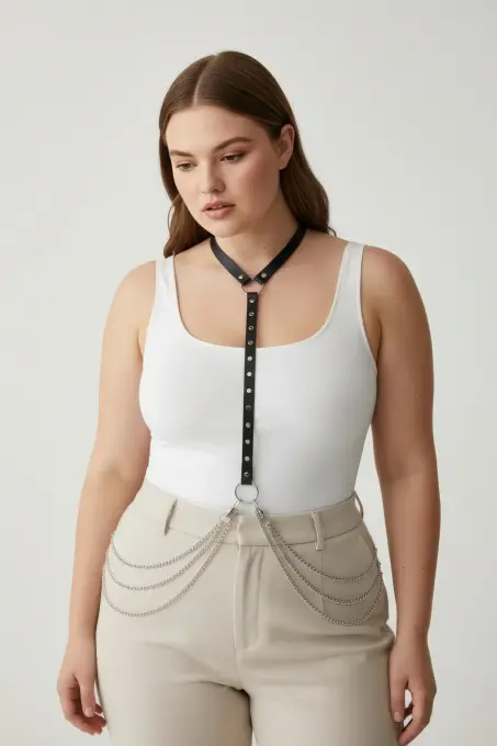 Büyük Beden Siyah Kadın Vücut Kemeri Zincir Detaylı Deri Görünümlü Aksesuar - APFT840 - 1