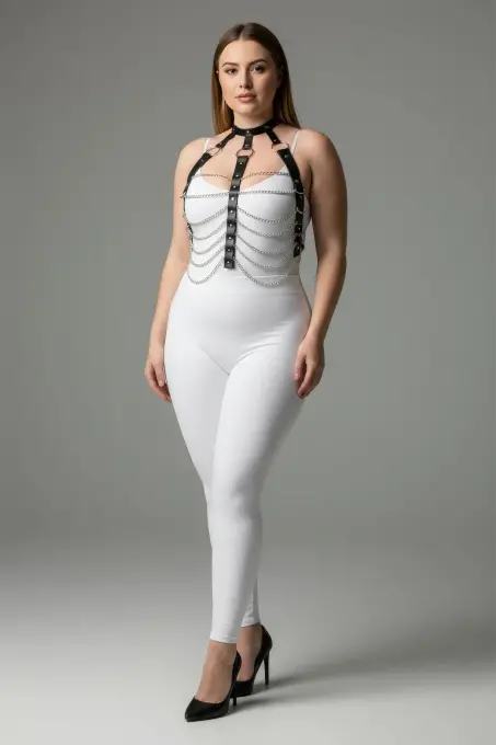 Büyük Beden Siyah Kadın Zincir Detaylı Deri Harness Takım Fantezi Aksesuar - APFT304 - 1