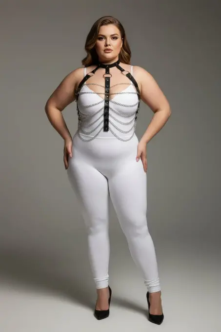 Büyük Beden Siyah Kadın Zincir Detaylı Deri Harness Takım Fantezi Aksesuar - APFT304 - 2