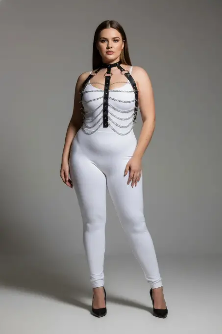 Büyük Beden Siyah Kadın Zincir Detaylı Deri Harness Takım Fantezi Aksesuar - APFT304 - 3