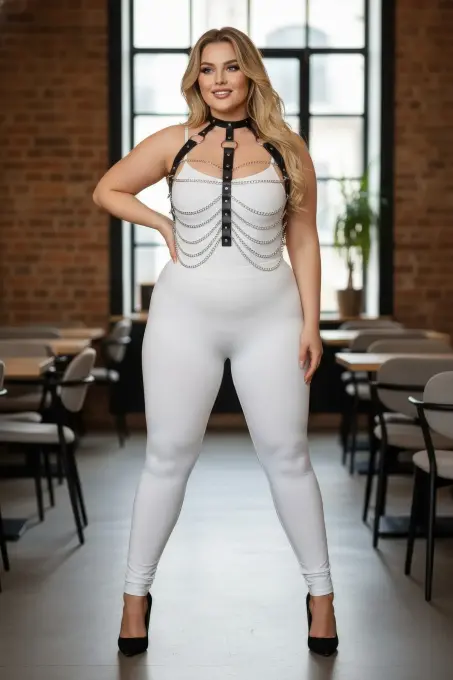 Büyük Beden Siyah Kadın Zincir Detaylı Deri Harness Takım Fantezi Aksesuar - APFT304 - 4