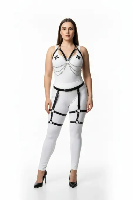 Büyük Beden Siyah Kadın Zincir Detaylı Deri Jartiyerli Harness Takım - APFT497 - 1