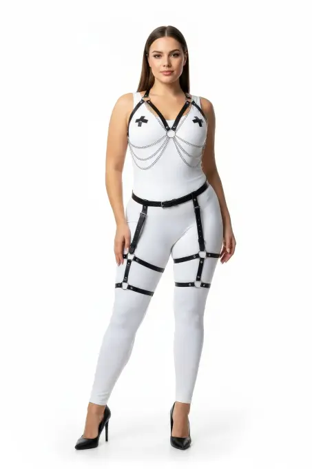 Büyük Beden Siyah Kadın Zincir Detaylı Deri Jartiyerli Harness Takım - APFT497 - 2