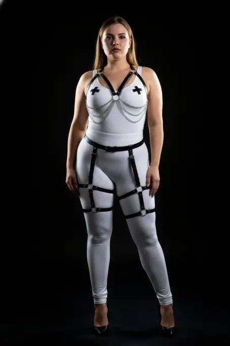 Büyük Beden Siyah Kadın Zincir Detaylı Deri Jartiyerli Harness Takım - APFT497 - 3