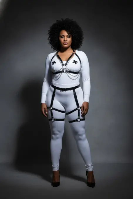 Büyük Beden Siyah Kadın Zincir Detaylı Deri Jartiyerli Harness Takım - APFT497 - 4