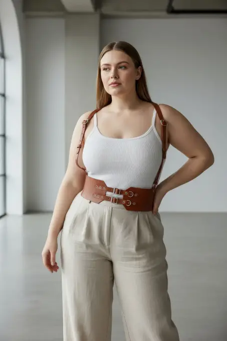 Büyük Beden Taba Kadın Deri Kemer Askılı Korse Tarzı Çift Tokalı - APFT853 - 2