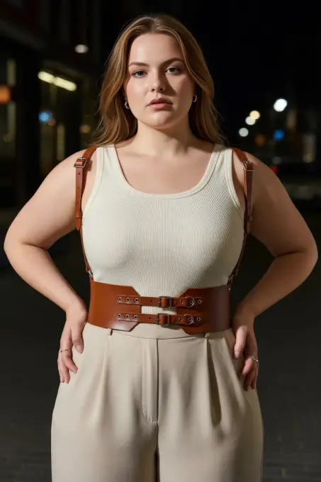 Büyük Beden Taba Kadın Deri Kemer Askılı Korse Tarzı Çift Tokalı - APFT853 - 5