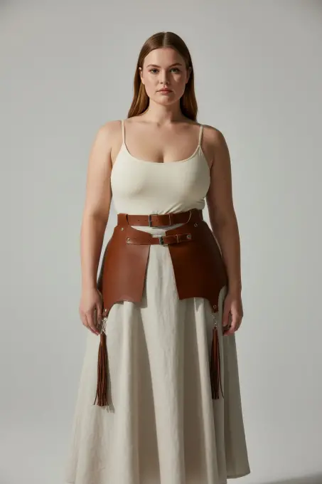 Büyük Beden Taba Kadın Deri Kemer, Korse ve Püskül Detaylı Harness - APFT985 - 5