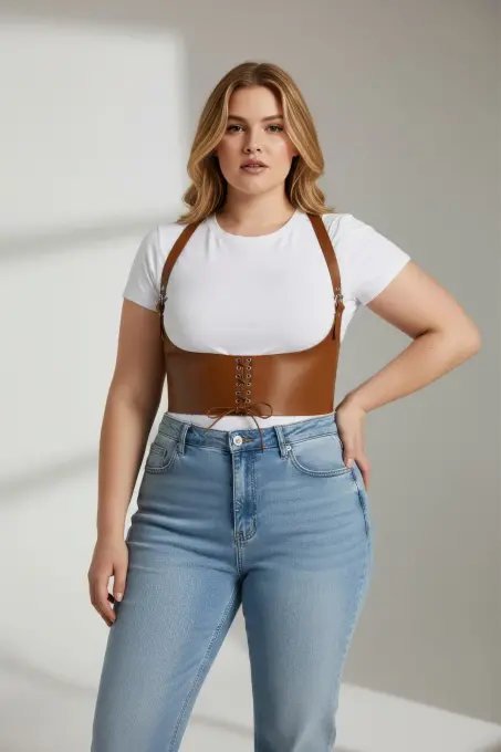 Büyük Beden Taba Kadın Deri Kemer Omuz Askılı Bağcıklı Korse Tasarım - APFT855 - 2