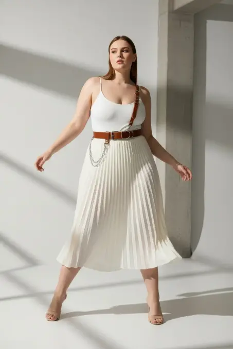 Büyük Beden Taba Kadın Hakiki Deri Omuz Askılı Vücut Kemer Zincir Detaylı - APFT620 - 1