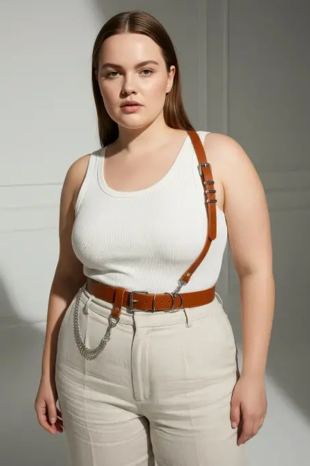 Büyük Beden Taba Kadın Hakiki Deri Omuz Askılı Vücut Kemer Zincir Detaylı - APFT620 - 2