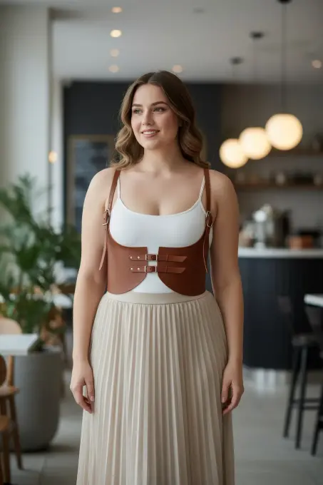 Büyük Beden Taba Kadın Kemer Askılı Deri Korse Stil Kombin Tamamlayıcı - APFT605 - 1