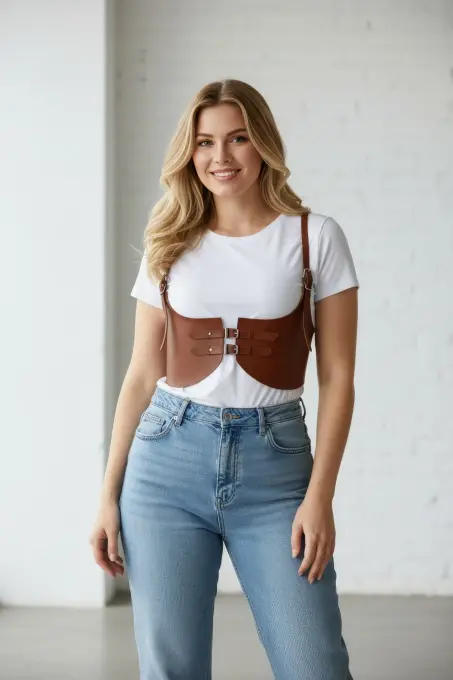 Büyük Beden Taba Kadın Kemer Askılı Deri Korse Stil Kombin Tamamlayıcı - APFT605 - 3