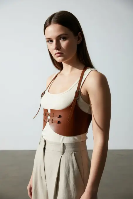 Büyük Beden Taba Kadın Kemer Askılı Deri Korse Stil Kombin Tamamlayıcı - APFT605 - 4