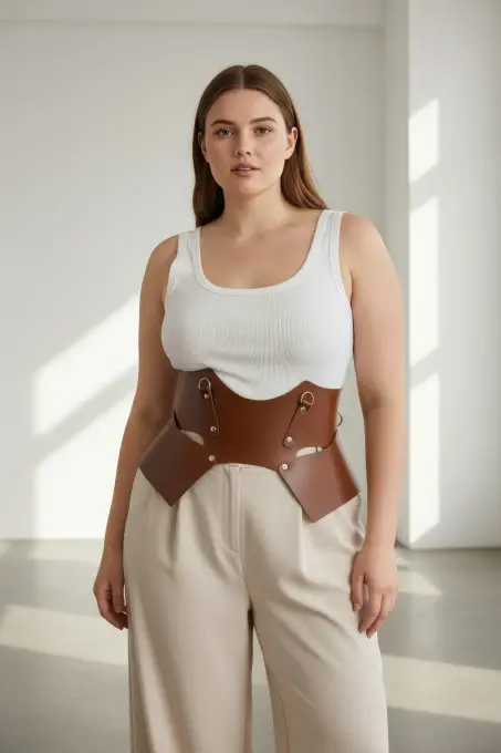 Büyük Beden Taba Kadın Kemer Geniş Korse Stil Deri Kombin Tamamlayıcı - APFT619 - 3