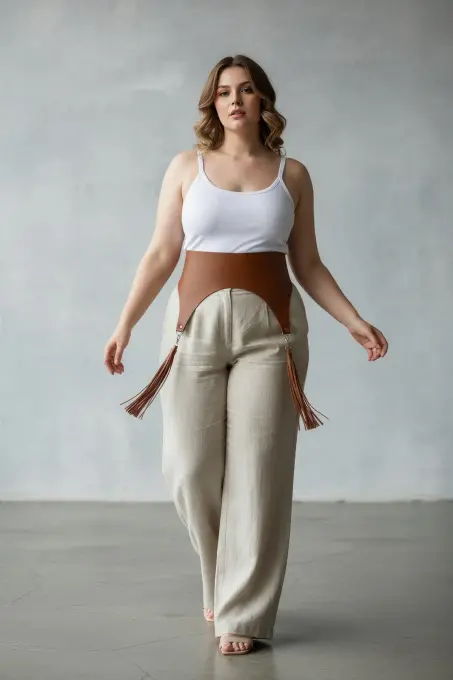 Büyük Beden Taba Kadın Kemer Geniş Korse Tasarım Püskül Detaylı - APFT788 - 1