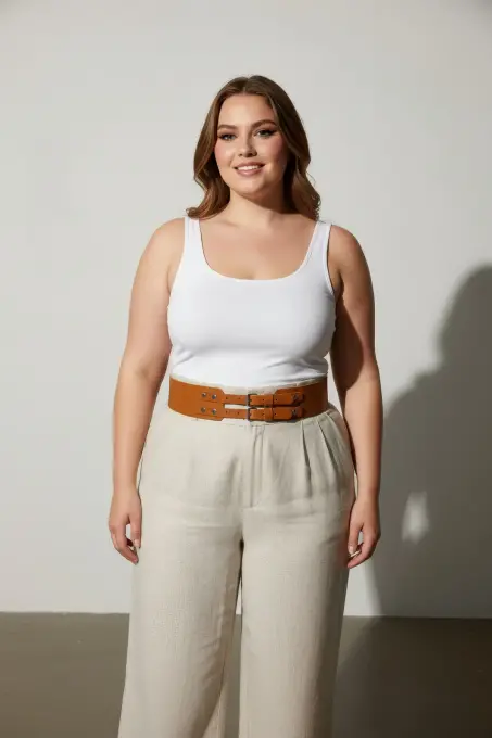 Büyük Beden Taba Kadın Kemer Hakiki Deri Geniş Formlu Çift Tokalı - APFT1203 - 5