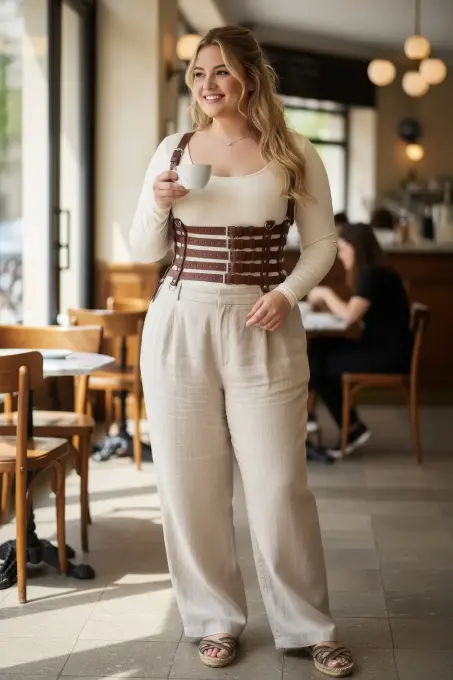 Büyük Beden Taba Kadın Kemer, Korsaj Stil Çoklu Kayışlı Deri Kombin Tamamlayıcı - APFT630 - 1