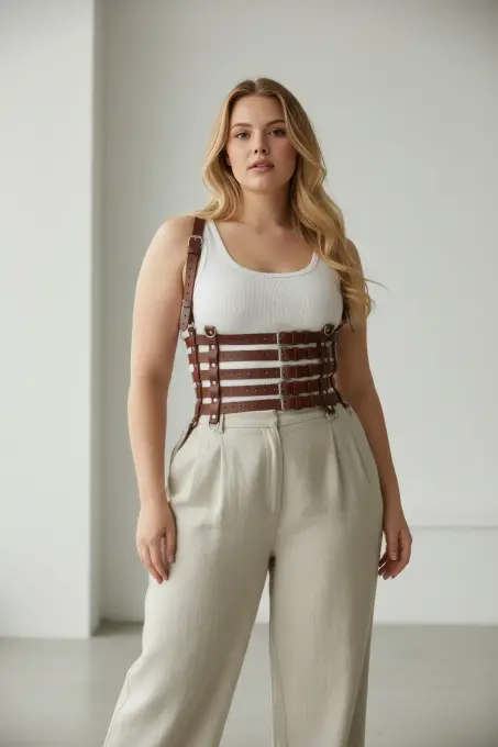 Büyük Beden Taba Kadın Kemer, Korsaj Stil Çoklu Kayışlı Deri Kombin Tamamlayıcı - APFT630 - 2