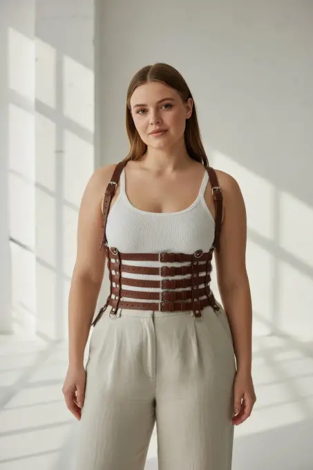 Büyük Beden Taba Kadın Kemer, Korsaj Stil Çoklu Kayışlı Deri Kombin Tamamlayıcı - APFT630 - 3