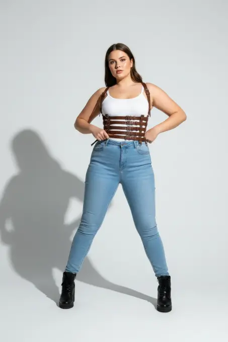 Büyük Beden Taba Kadın Kemer, Korsaj Stil Çoklu Kayışlı Deri Kombin Tamamlayıcı - APFT630 - 4