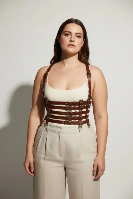 Büyük Beden Taba Kadın Kemer, Korsaj Stil Çoklu Kayışlı Deri Kombin Tamamlayıcı - APFT630 - 5