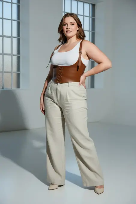 Büyük Beden Taba Kadın Kemer Omuz Askılı Bağlamalı Deri Korse - APFT1428 - 4