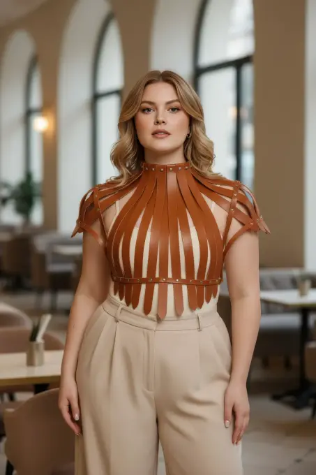 Büyük Beden Taba Kadın Kemer Omuzdan Askılı Zımba Detaylı Korse Tasarım - APFT1257 - 1