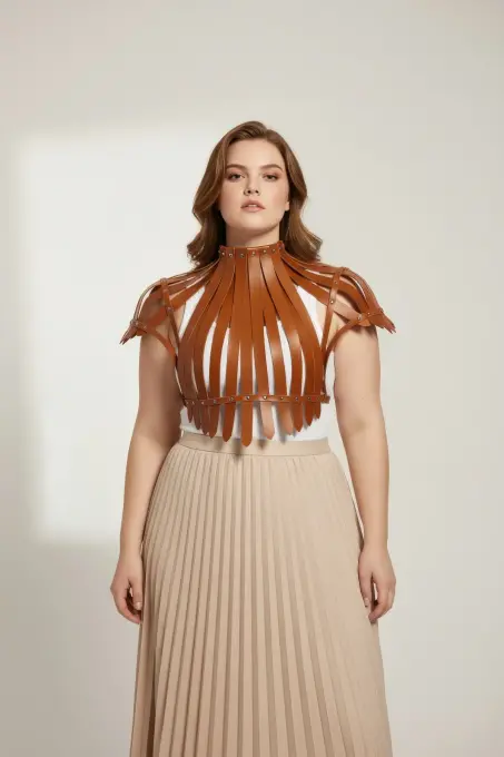 Büyük Beden Taba Kadın Kemer Omuzdan Askılı Zımba Detaylı Korse Tasarım - APFT1257 - 2