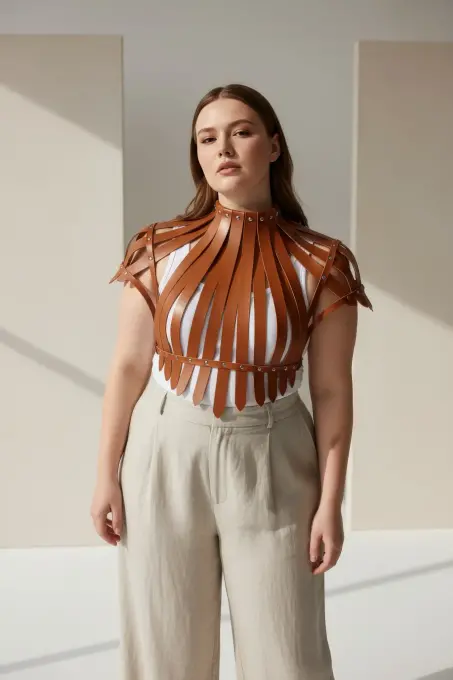 Büyük Beden Taba Kadın Kemer Omuzdan Askılı Zımba Detaylı Korse Tasarım - APFT1257 - 4