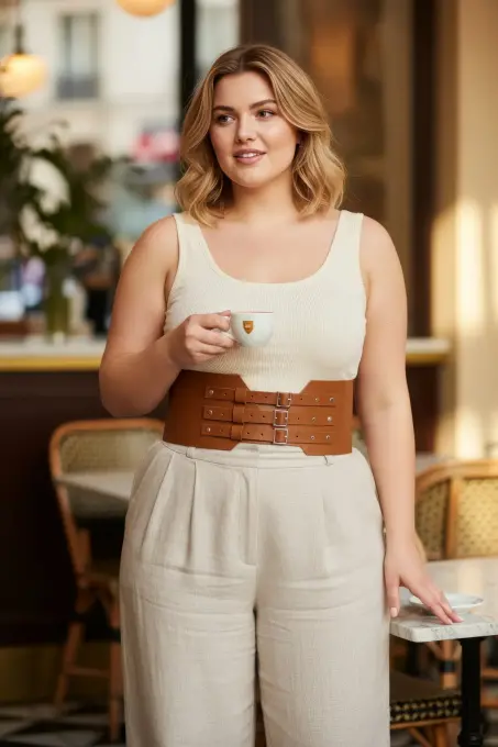 Büyük Beden Taba Kadın Kemer Üç Tokalı Geniş Korse Bel Vurgulayıcı - APFT618 - 1