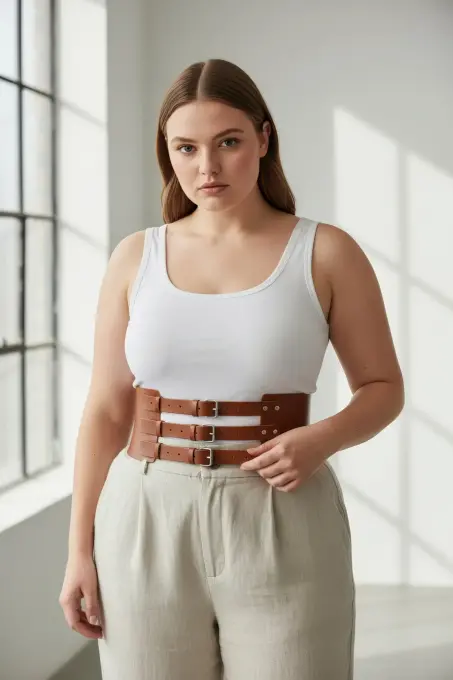 Büyük Beden Taba Kadın Kemer Üç Tokalı Korse Stil Bel Vurgulayıcı - APFT624 - 5