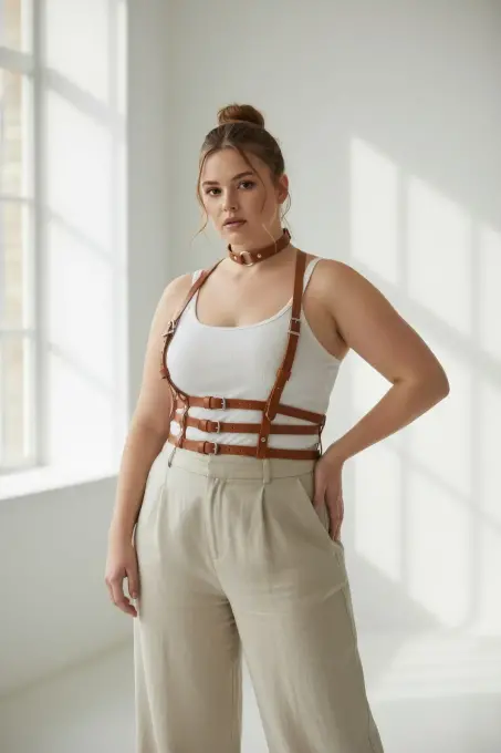 Büyük Beden Taba Kadın Kemer Vücut Aksesuarı Çoklu Bantlı Estetik Tasarım - APFT615 - 1