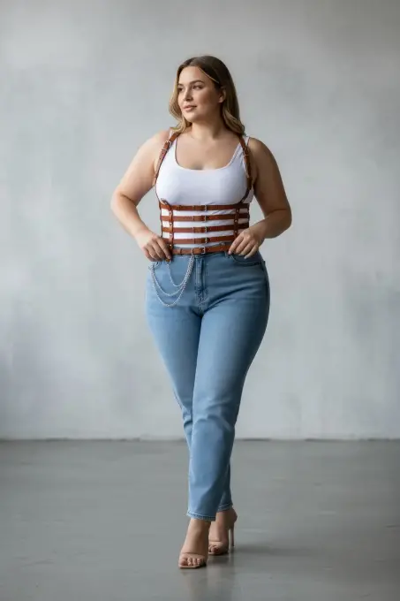 Büyük Beden Taba Kadın Kemer Zincir Detaylı Korse Tarzı Deri Harness - APFT626 - 1