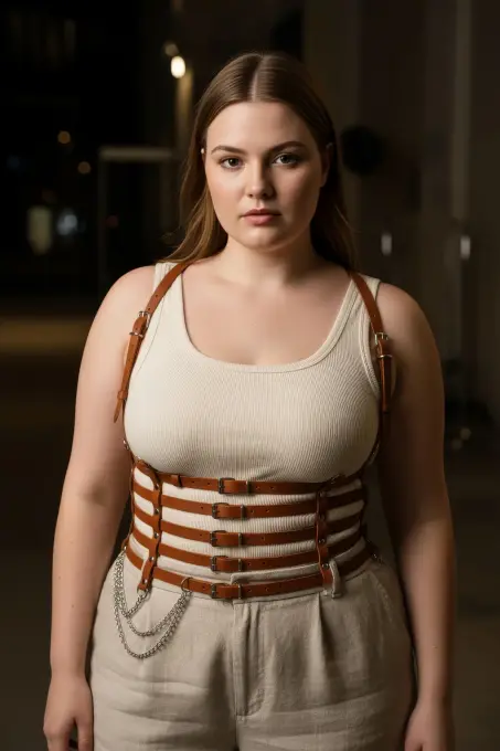 Büyük Beden Taba Kadın Kemer Zincir Detaylı Korse Tarzı Deri Harness - APFT626 - 2