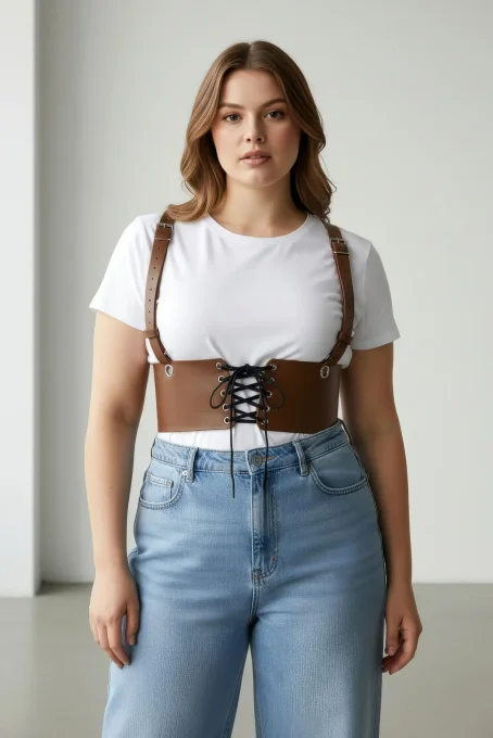 Büyük Beden Taba Kadın Korse Kemer Omuz Askılı Bağcık Detaylı - APFT1429 - 3