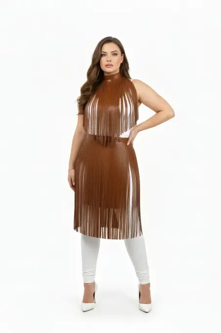 Büyük Beden Taba Püsküllü Deri Etek Kombin Tamamlayıcı Aksesuar - APFT997 - 1