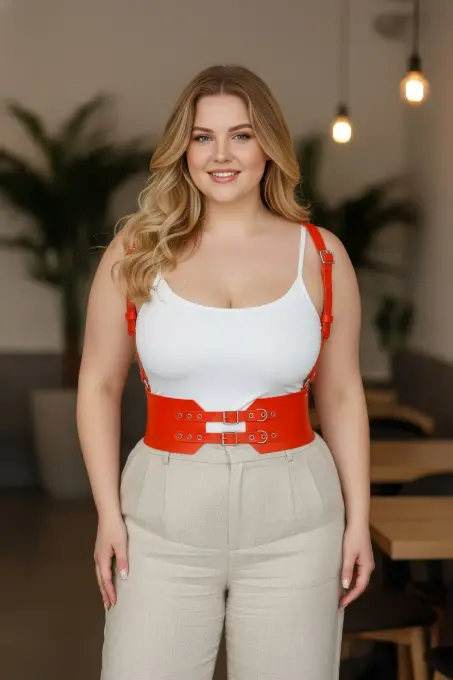Büyük Beden Turuncu Kadın Kemer Askılı Korse Görünümlü Çift Tokalı Deri - APFT853 - 1