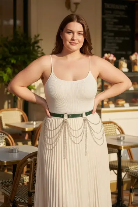 Büyük Beden Yeşil Kadın Kemer Çok Katmanlı Zincir Detaylı - APFT729 - 1