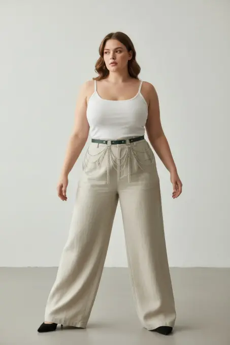 Büyük Beden Yeşil Kadın Kemer Çok Katmanlı Zincir Detaylı - APFT729 - 2