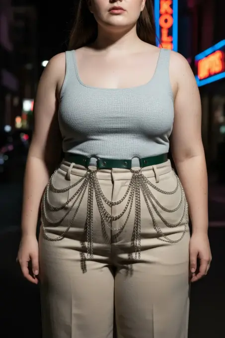 Büyük Beden Yeşil Kadın Kemer Çok Katmanlı Zincir Detaylı - APFT729 - 4