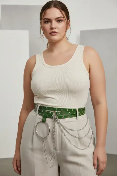 Büyük Beden Yeşil Kadın Kemer Zincir Detaylı Kalın Model - APFT731 - 3