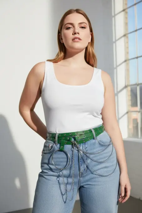 Büyük Beden Yeşil Kadın Kemer Zincir Detaylı Kalın Model - APFT731 - 5